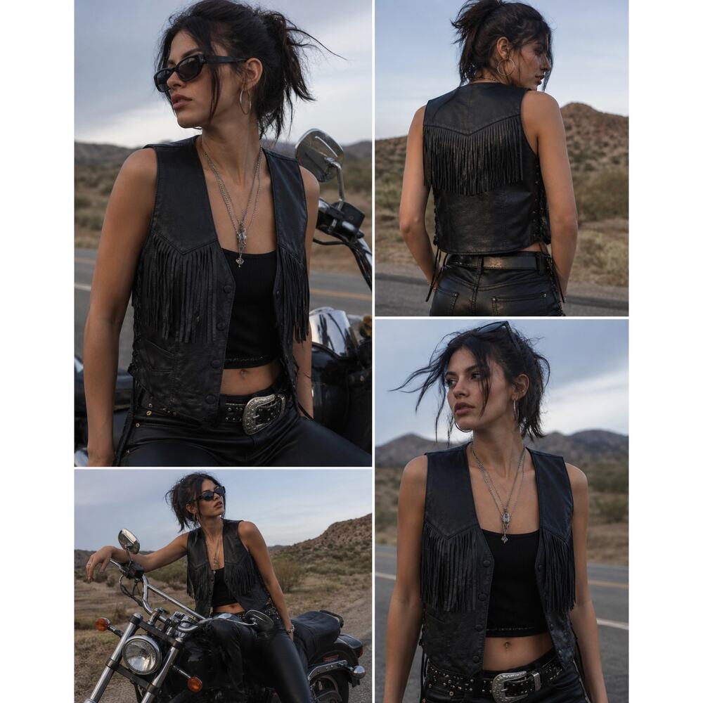 Vintage Harley Davidson Leather Fringe Vest Black Western Biker Y2K M/L